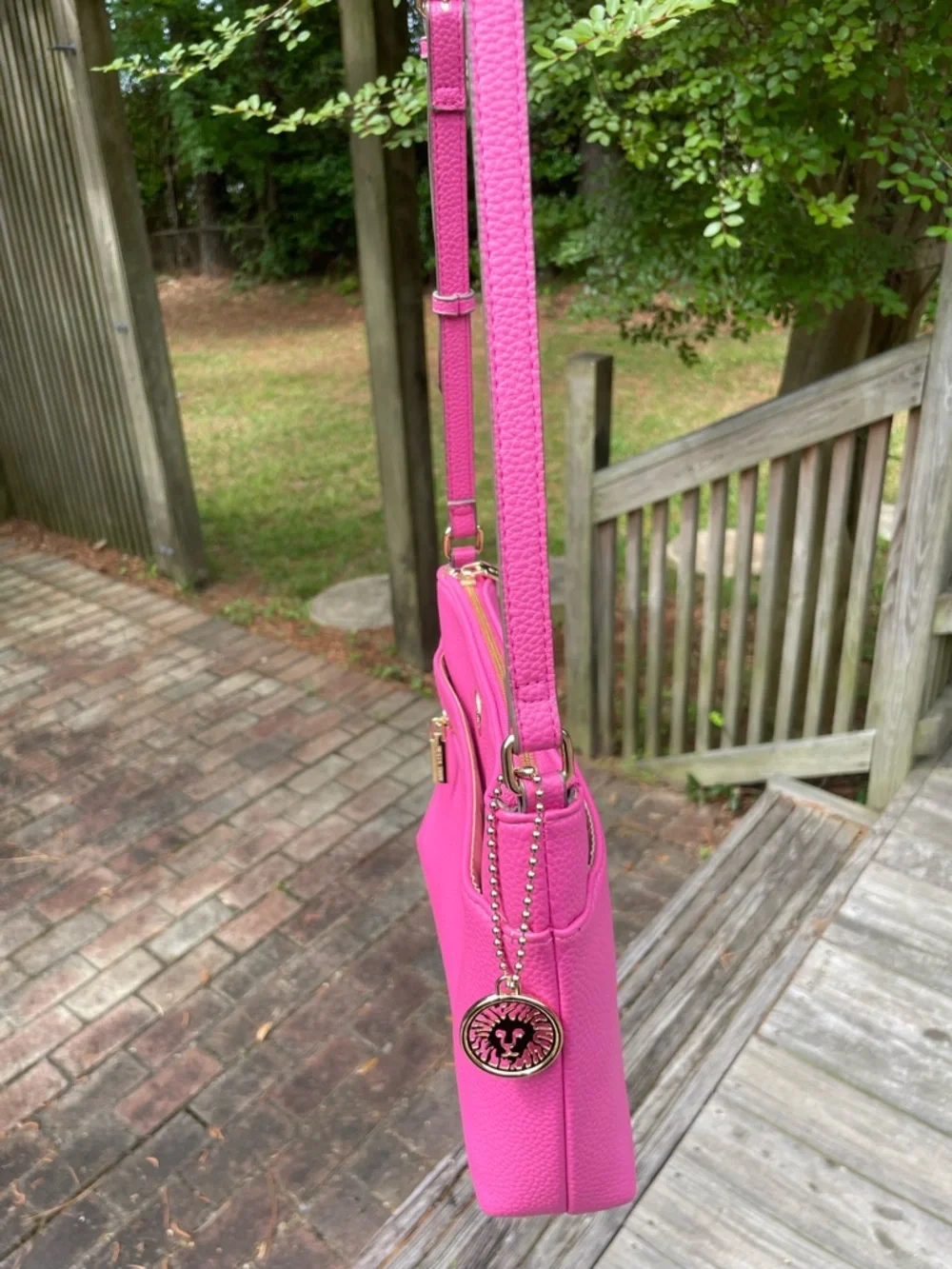 Anne Klein Hot Pink Pebbled Leather Crossbody with Gold-Tone Logo - Picture 9 of 12